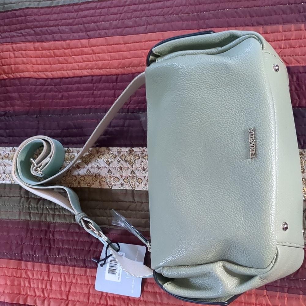 PINK STIX* sage green vegan crossbody adj. strap, dust bag zip top, 2 inside pkt - Picture 3 of 13